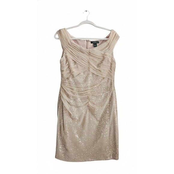NWT Lauren Ralph Lauren Evening Dress  Gold Sequin Ruched Mesh Holiday Cocktail - Picture 1 of 9